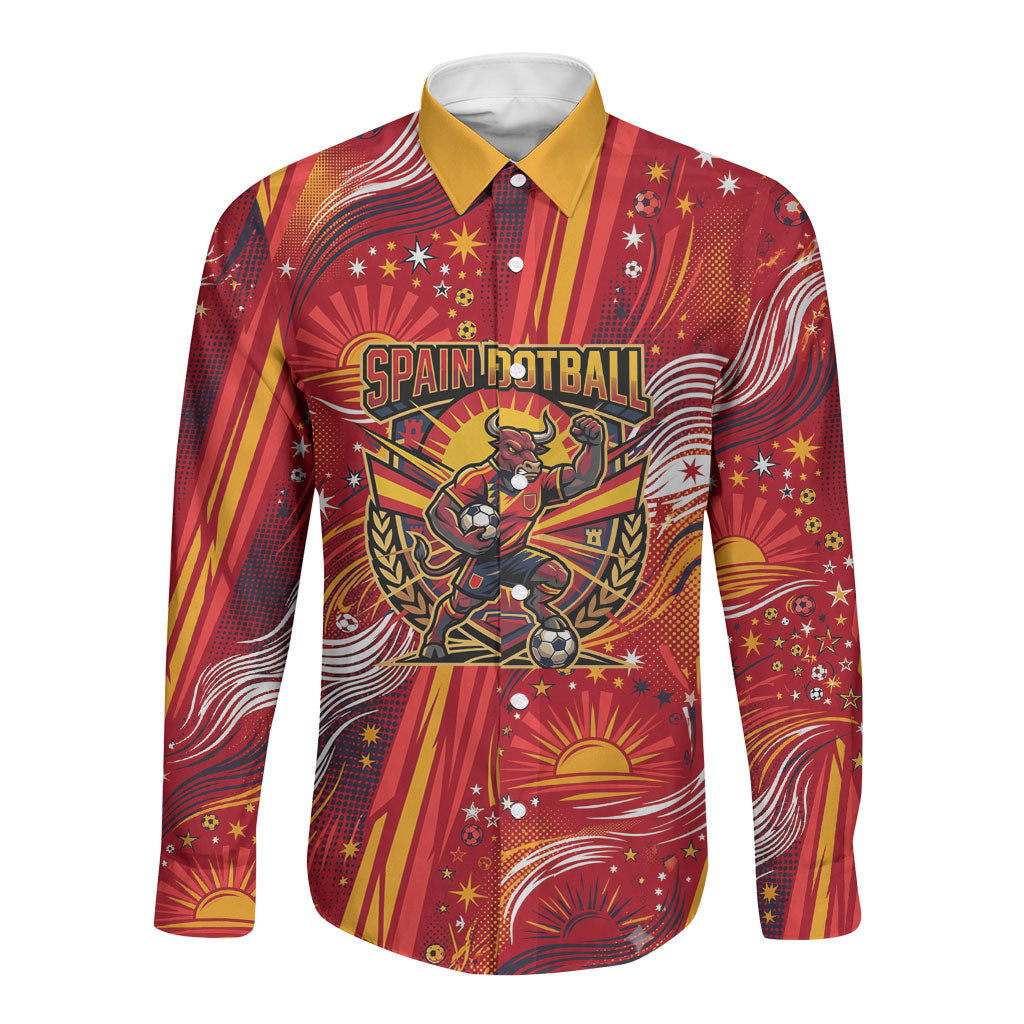 Personalized Spain Football Bull Mascot Long Sleeve Button Shirt Dynamic Spanish Sunburst Abstract Flame