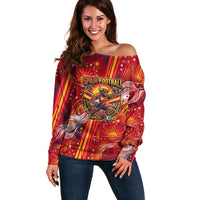 Personalized Spain Football Bull Mascot Off Shoulder Sweater Dynamic Spanish Sunburst Abstract Flame