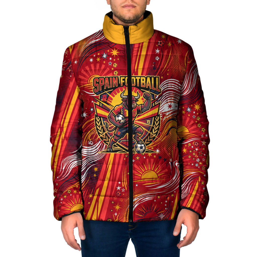 Personalized Spain Football Bull Mascot Padded Jacket Dynamic Spanish Sunburst Abstract Flame