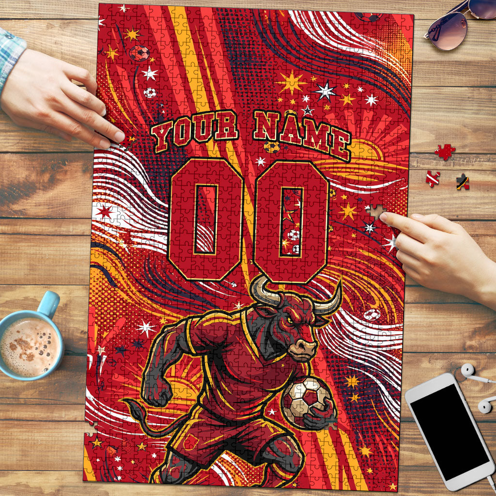 Personalized Spain Football Bull Mascot Puzzle Dynamic Spanish Sunburst Abstract Flame