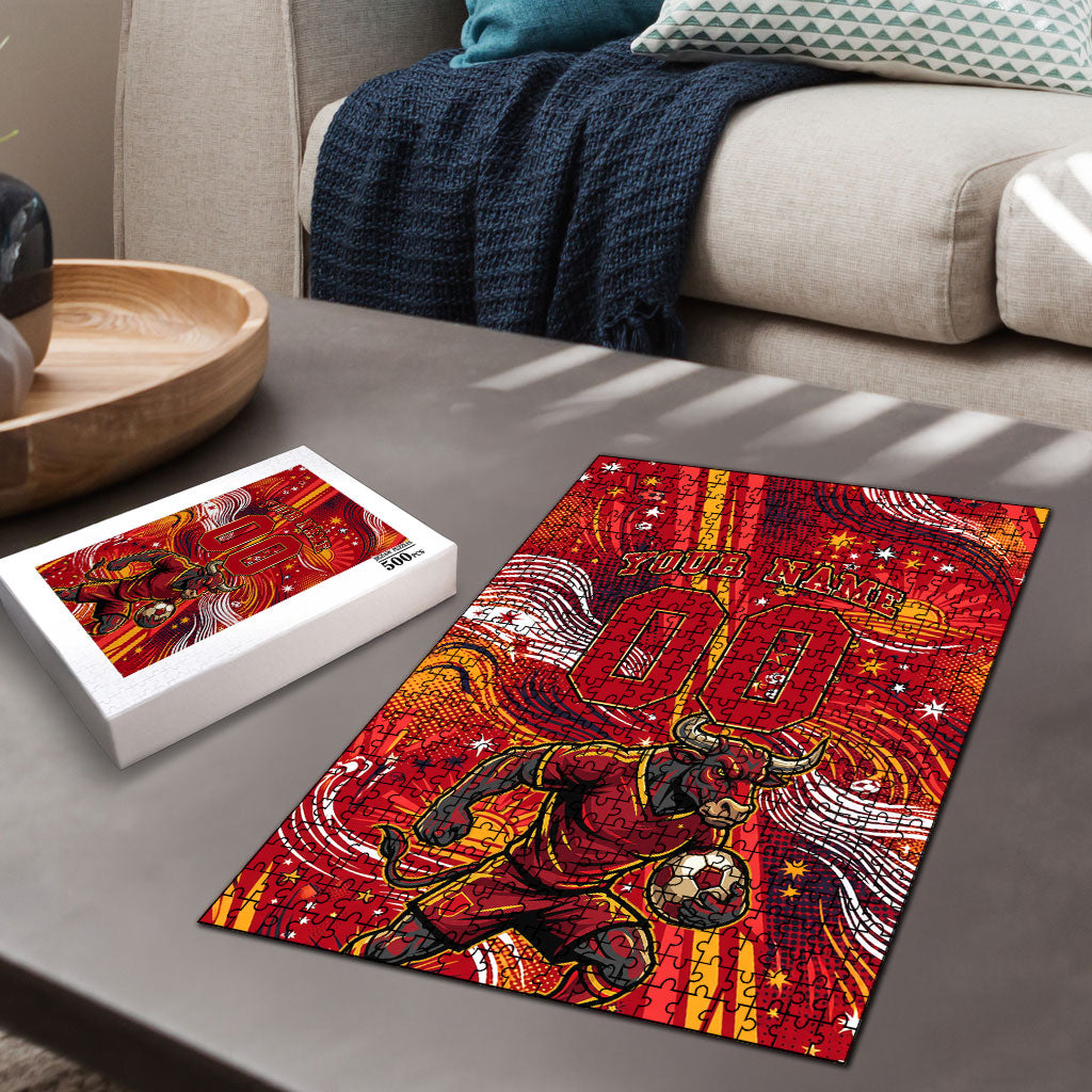 Personalized Spain Football Bull Mascot Puzzle Dynamic Spanish Sunburst Abstract Flame