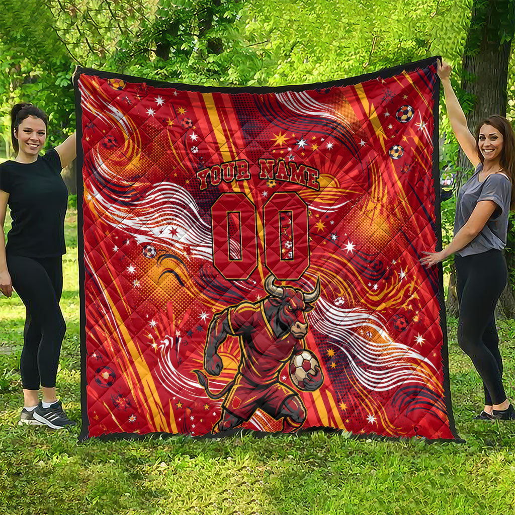 Personalized Spain Football Bull Mascot Quilt Dynamic Spanish Sunburst Abstract Flame