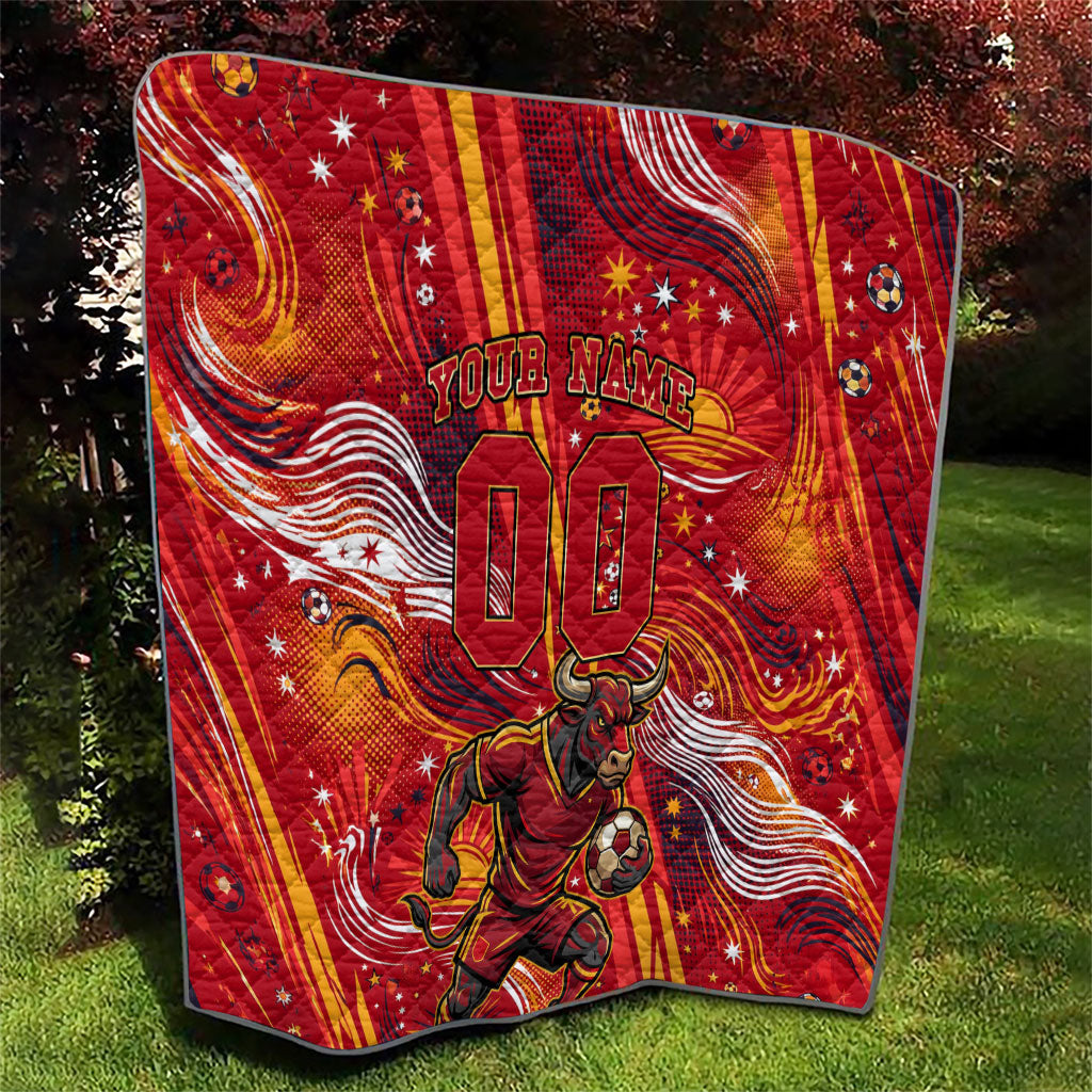 Personalized Spain Football Bull Mascot Quilt Dynamic Spanish Sunburst Abstract Flame