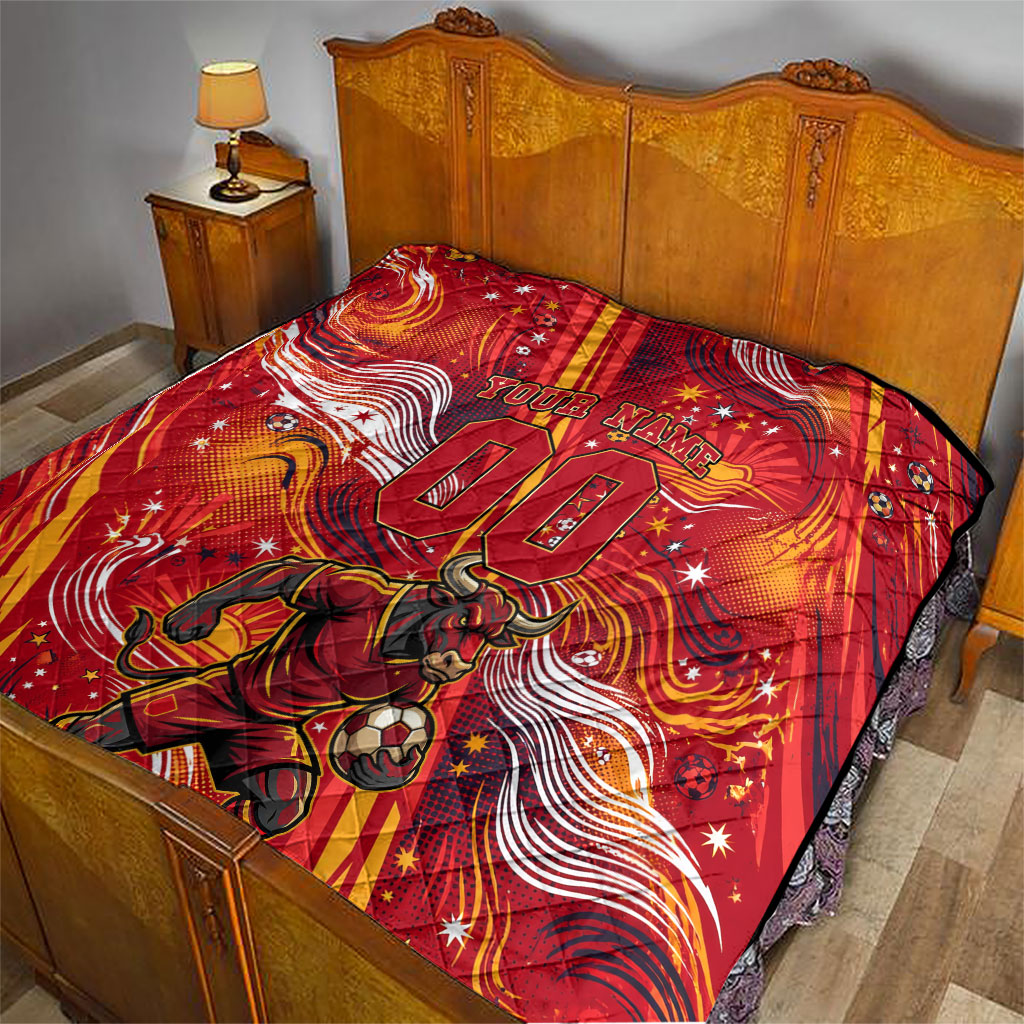 Personalized Spain Football Bull Mascot Quilt Dynamic Spanish Sunburst Abstract Flame