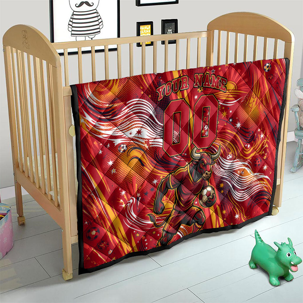 Personalized Spain Football Bull Mascot Quilt Dynamic Spanish Sunburst Abstract Flame