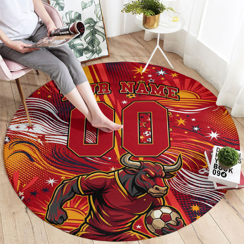 Personalized Spain Football Bull Mascot Round Carpet Dynamic Spanish Sunburst Abstract Flame