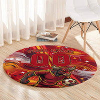 Personalized Spain Football Bull Mascot Round Carpet Dynamic Spanish Sunburst Abstract Flame