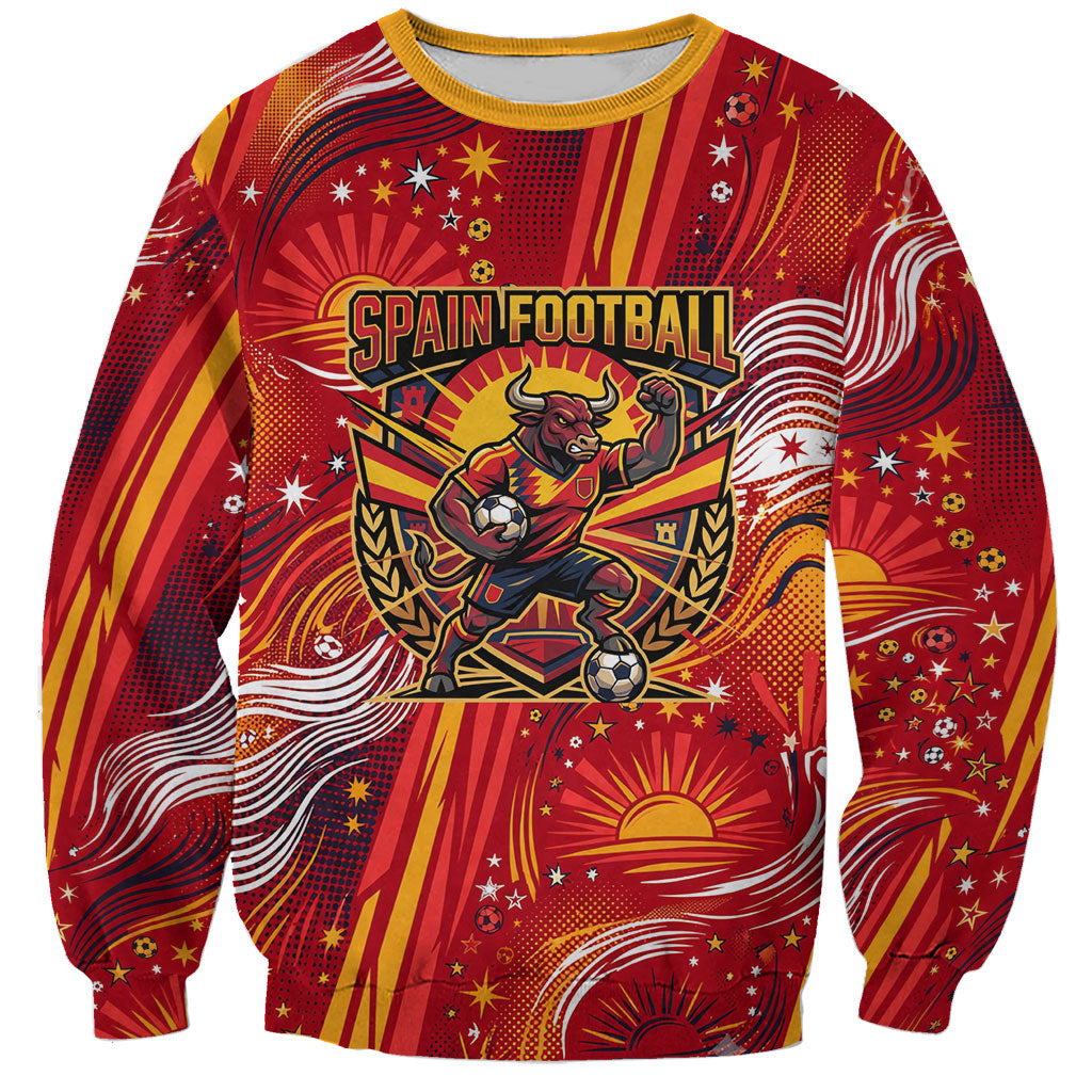 Personalized Spain Football Bull Mascot Sweatshirt Dynamic Spanish Sunburst Abstract Flame