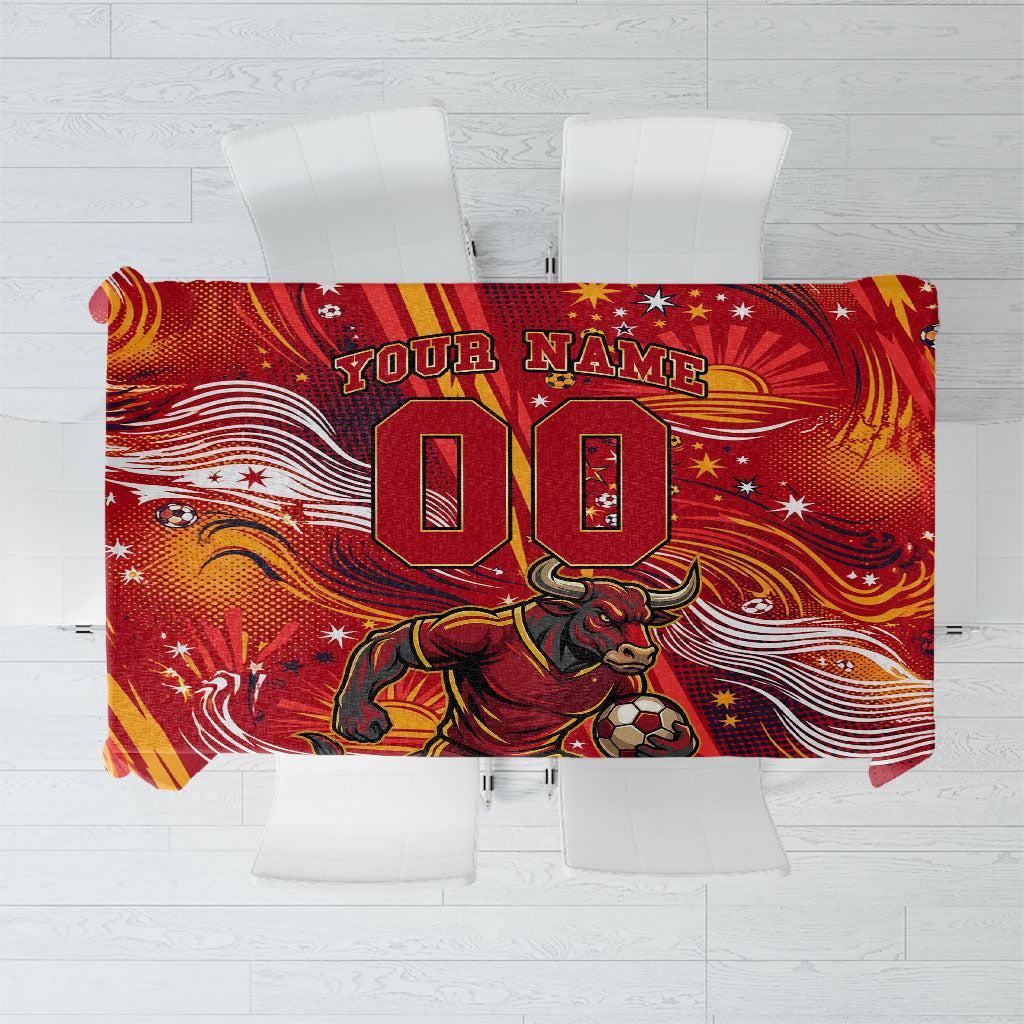 Personalized Spain Football Bull Mascot Tablecloth Dynamic Spanish Sunburst Abstract Flame