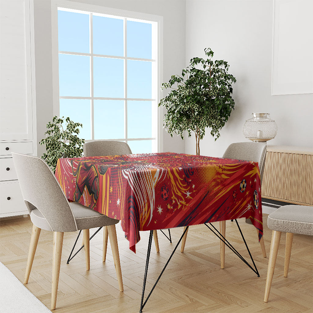 Personalized Spain Football Bull Mascot Tablecloth Dynamic Spanish Sunburst Abstract Flame
