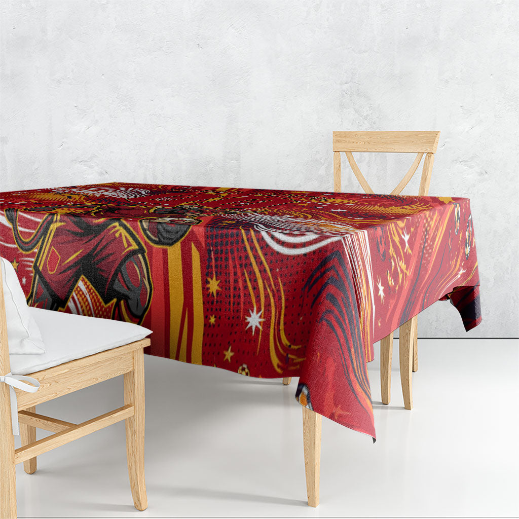 Personalized Spain Football Bull Mascot Tablecloth Dynamic Spanish Sunburst Abstract Flame