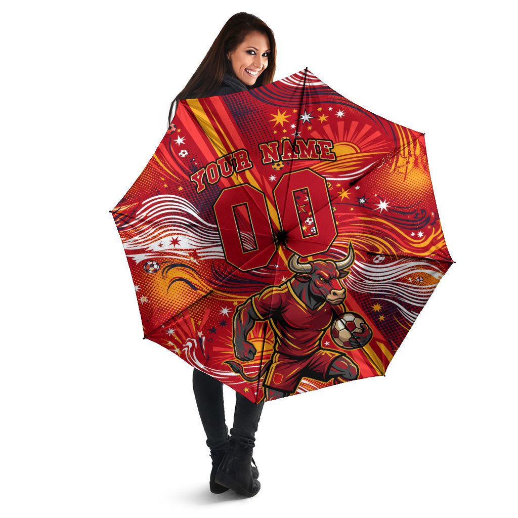 Personalized Spain Football Bull Mascot Umbrella Dynamic Spanish Sunburst Abstract Flame