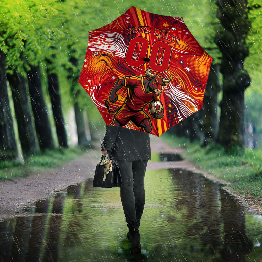 Personalized Spain Football Bull Mascot Umbrella Dynamic Spanish Sunburst Abstract Flame