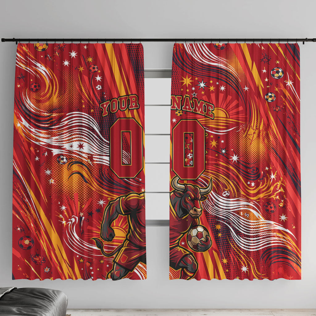 Personalized Spain Football Bull Mascot Window Curtain Dynamic Spanish Sunburst Abstract Flame