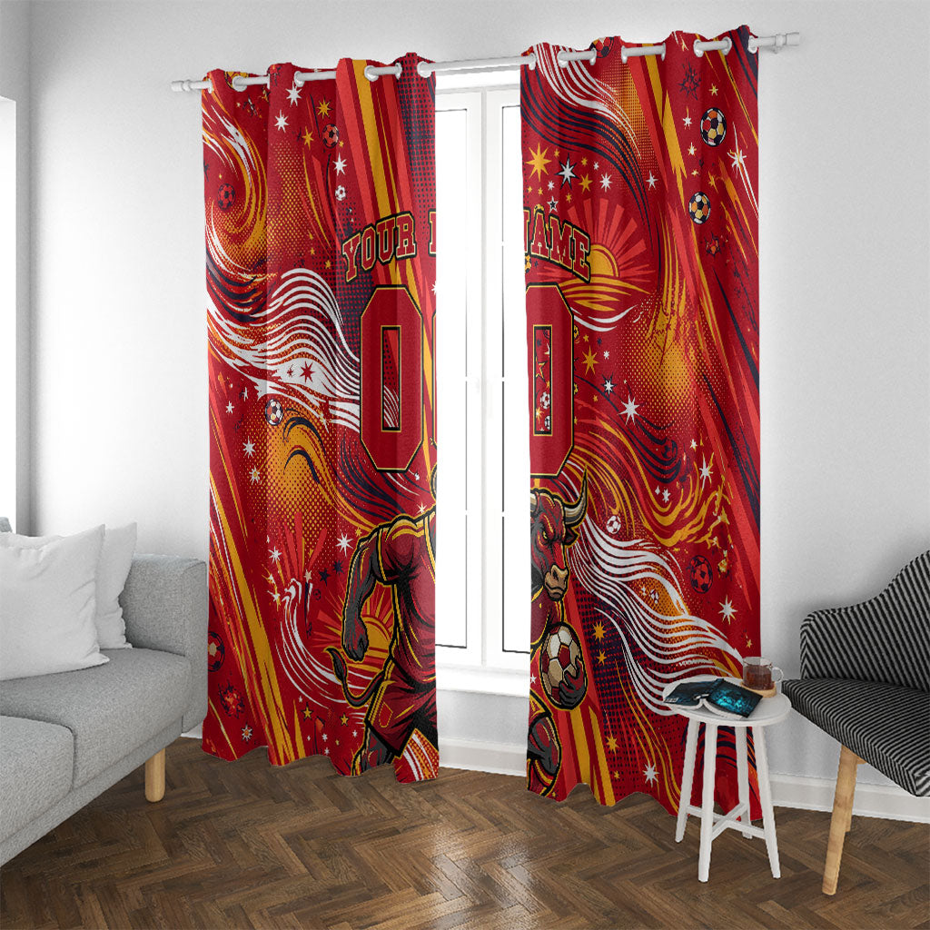 Personalized Spain Football Bull Mascot Window Curtain Dynamic Spanish Sunburst Abstract Flame