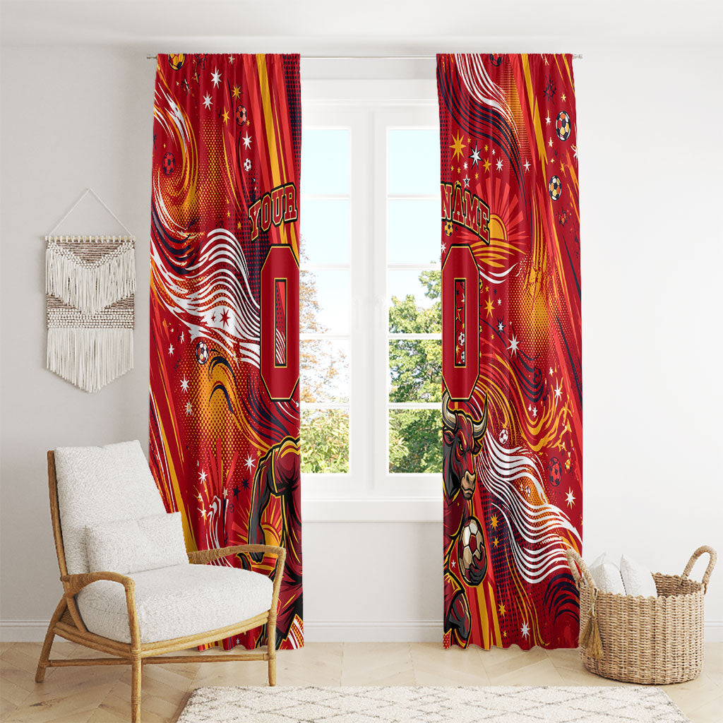 Personalized Spain Football Bull Mascot Window Curtain Dynamic Spanish Sunburst Abstract Flame