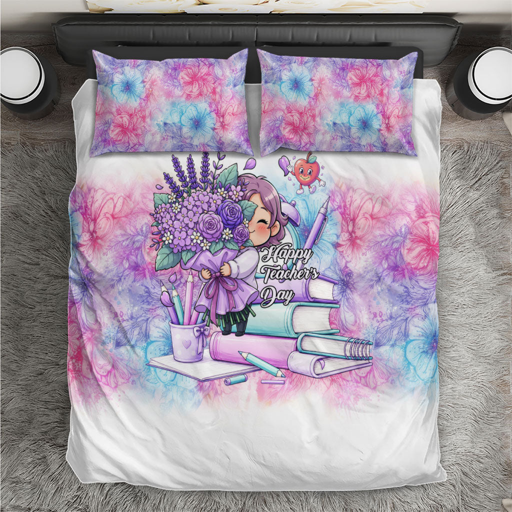 Happy Teachers Day Girl Floral Bouquet Books Bedding Set Cute Pastel Watercolor Cartoon School Educator Appreciation