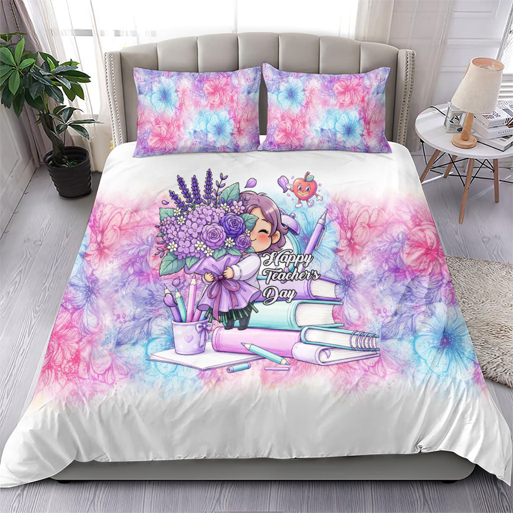 Happy Teachers Day Girl Floral Bouquet Books Bedding Set Cute Pastel Watercolor Cartoon School Educator Appreciation