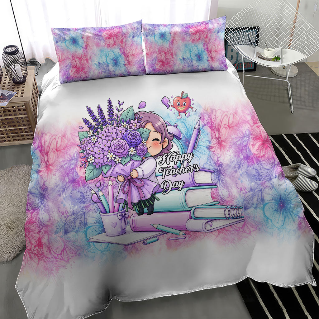 Happy Teachers Day Girl Floral Bouquet Books Bedding Set Cute Pastel Watercolor Cartoon School Educator Appreciation