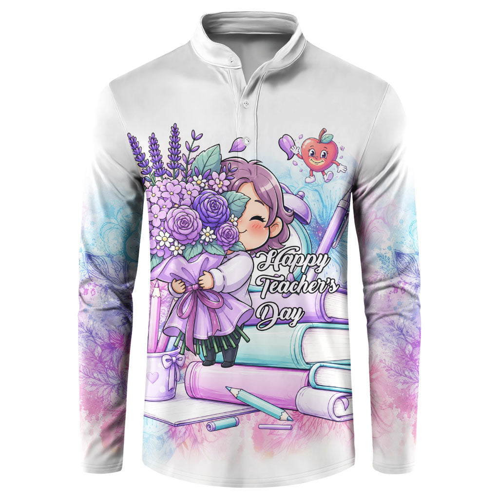 Happy Teachers Day Girl Floral Bouquet Books Button Sweatshirt Cute Pastel Watercolor Cartoon School Educator Appreciation