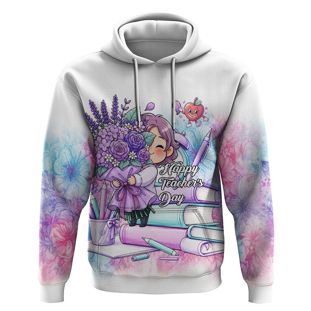 Happy Teachers Day Girl Floral Bouquet Books Hoodie Cute Pastel Watercolor Cartoon School Educator Appreciation