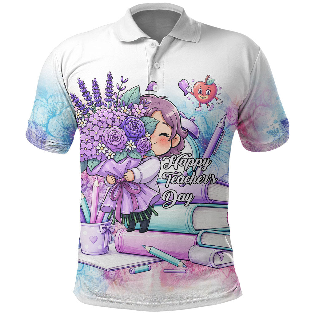 Happy Teachers Day Girl Floral Bouquet Books Polo Shirt Cute Pastel Watercolor Cartoon School Educator Appreciation