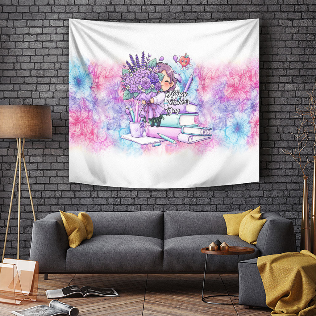 Happy Teachers Day Girl Floral Bouquet Books Tapestry Cute Pastel Watercolor Cartoon School Educator Appreciation