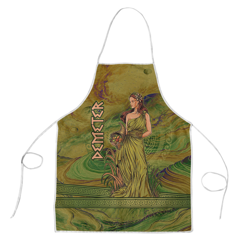 Demeter Goddess Of Spring Apron Olive Green Gold Greek Key Pattern Cornucopia