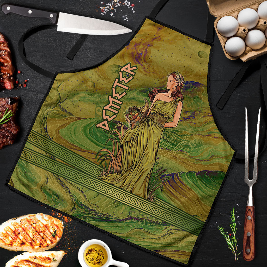Demeter Goddess Of Spring Apron Olive Green Gold Greek Key Pattern Cornucopia