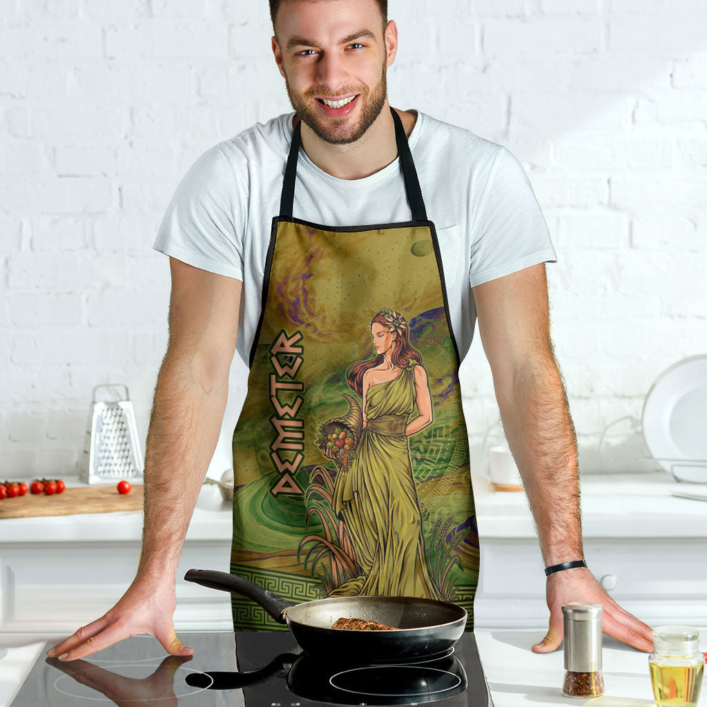 Demeter Goddess Of Spring Apron Olive Green Gold Greek Key Pattern Cornucopia