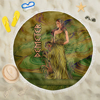 Demeter Goddess Of Spring Beach Blanket Olive Green Gold Greek Key Pattern Cornucopia