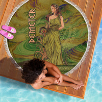 Demeter Goddess Of Spring Beach Blanket Olive Green Gold Greek Key Pattern Cornucopia