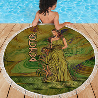 Demeter Goddess Of Spring Beach Blanket Olive Green Gold Greek Key Pattern Cornucopia