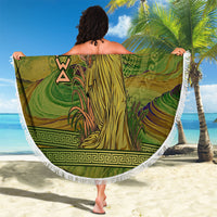 Demeter Goddess Of Spring Beach Blanket Olive Green Gold Greek Key Pattern Cornucopia