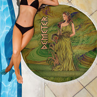 Demeter Goddess Of Spring Beach Blanket Olive Green Gold Greek Key Pattern Cornucopia