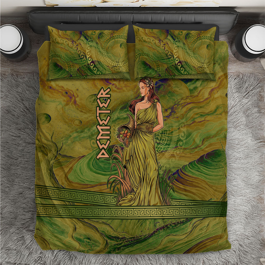 Demeter Goddess Of Spring Bedding Set Olive Green Gold Greek Key Pattern Cornucopia