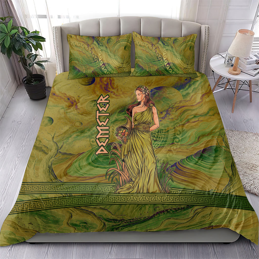 Demeter Goddess Of Spring Bedding Set Olive Green Gold Greek Key Pattern Cornucopia