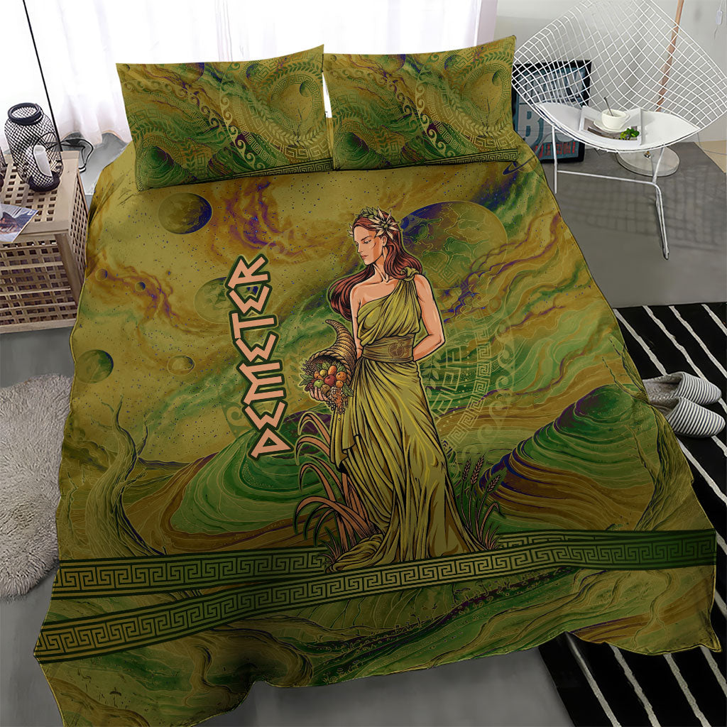 Demeter Goddess Of Spring Bedding Set Olive Green Gold Greek Key Pattern Cornucopia