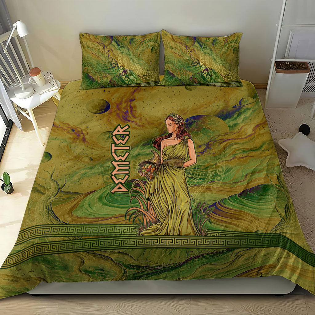 Demeter Goddess Of Spring Bedding Set Olive Green Gold Greek Key Pattern Cornucopia