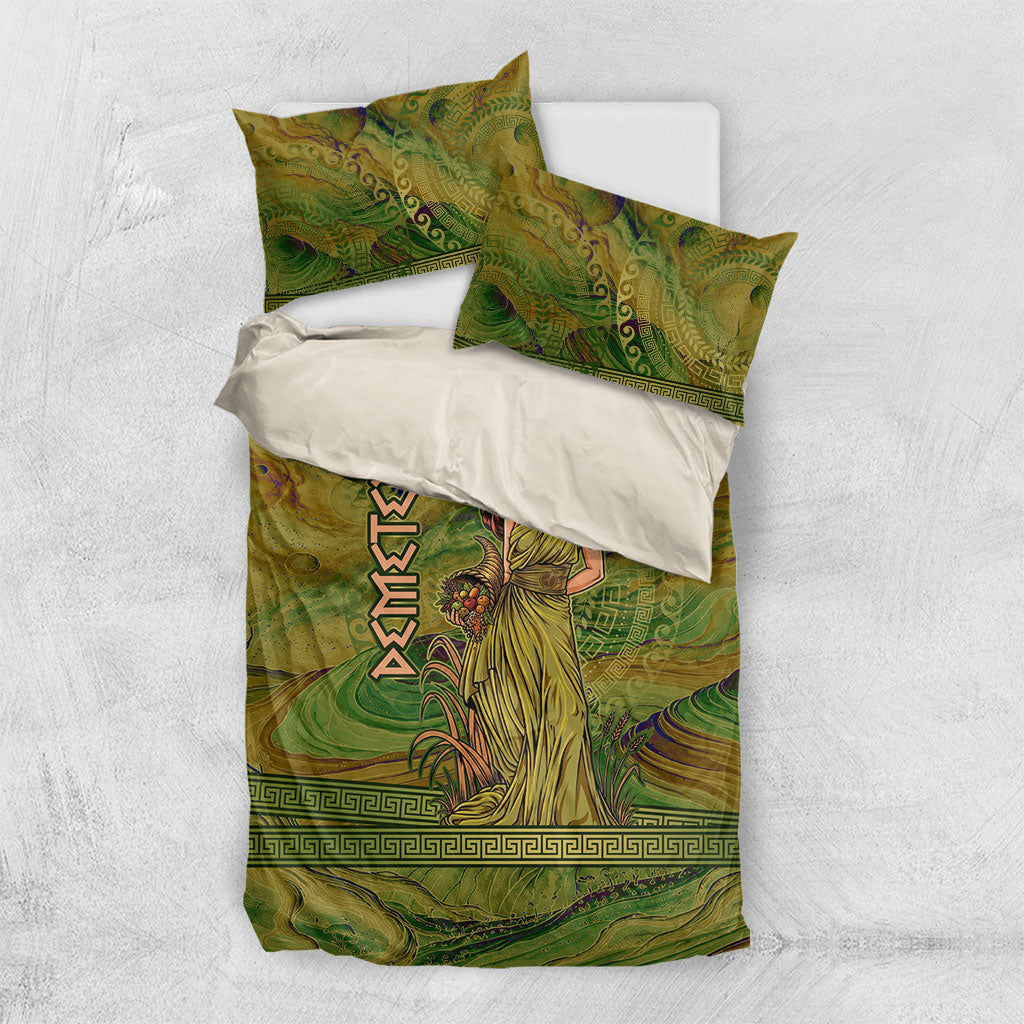 Demeter Goddess Of Spring Bedding Set Olive Green Gold Greek Key Pattern Cornucopia