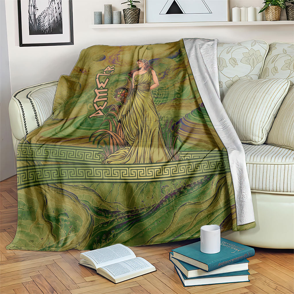 Demeter Goddess Of Spring Blanket Olive Green Gold Greek Key Pattern Cornucopia