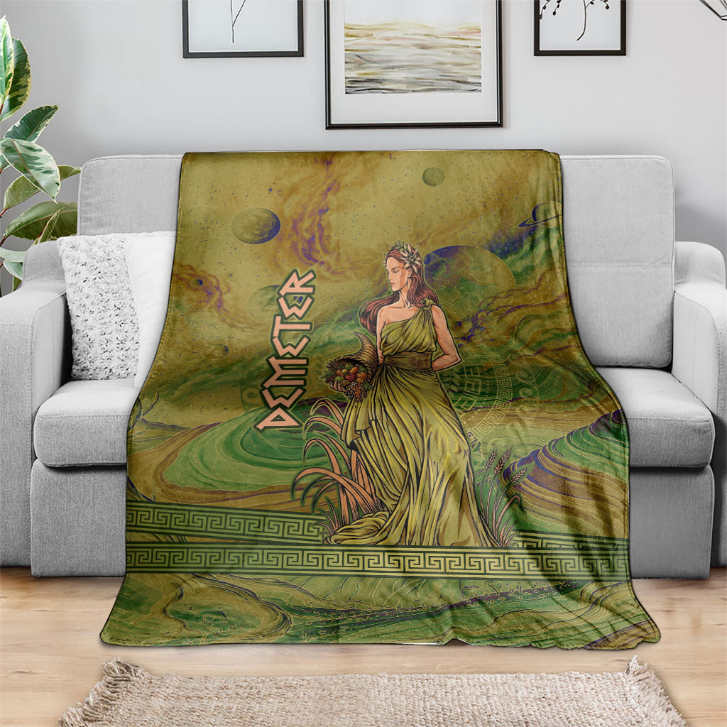 Demeter Goddess Of Spring Blanket Olive Green Gold Greek Key Pattern Cornucopia