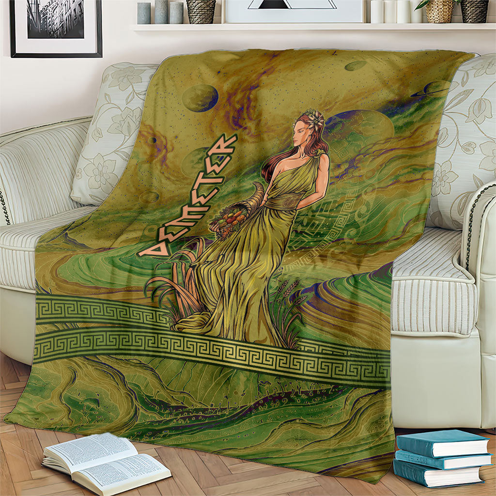 Demeter Goddess Of Spring Blanket Olive Green Gold Greek Key Pattern Cornucopia