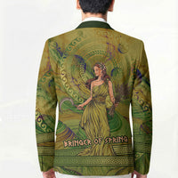 Demeter Goddess Of Spring Blazer Olive Green Gold Greek Key Pattern Cornucopia