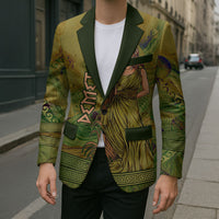 Demeter Goddess Of Spring Blazer Olive Green Gold Greek Key Pattern Cornucopia
