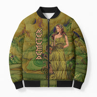 Demeter Goddess Of Spring Bomber Puffer Jacket Olive Green Gold Greek Key Pattern Cornucopia
