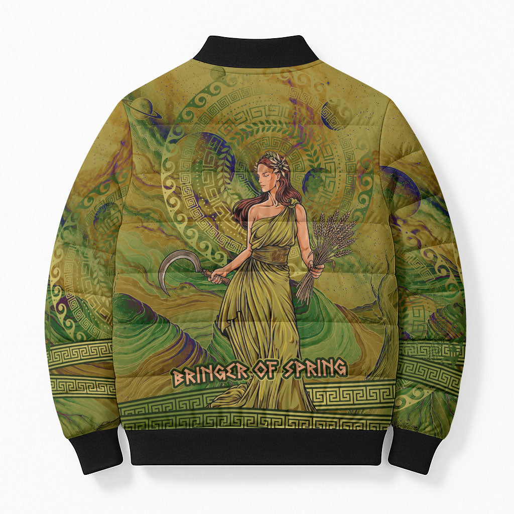 Demeter Goddess Of Spring Bomber Puffer Jacket Olive Green Gold Greek Key Pattern Cornucopia