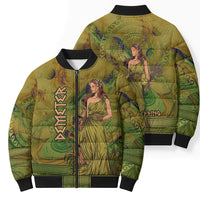 Demeter Goddess Of Spring Bomber Puffer Jacket Olive Green Gold Greek Key Pattern Cornucopia