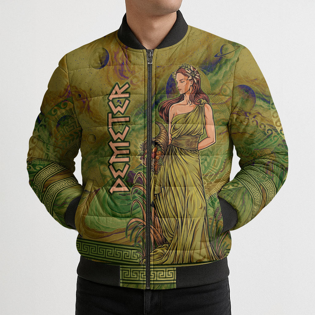 Demeter Goddess Of Spring Bomber Puffer Jacket Olive Green Gold Greek Key Pattern Cornucopia