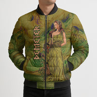 Demeter Goddess Of Spring Bomber Puffer Jacket Olive Green Gold Greek Key Pattern Cornucopia